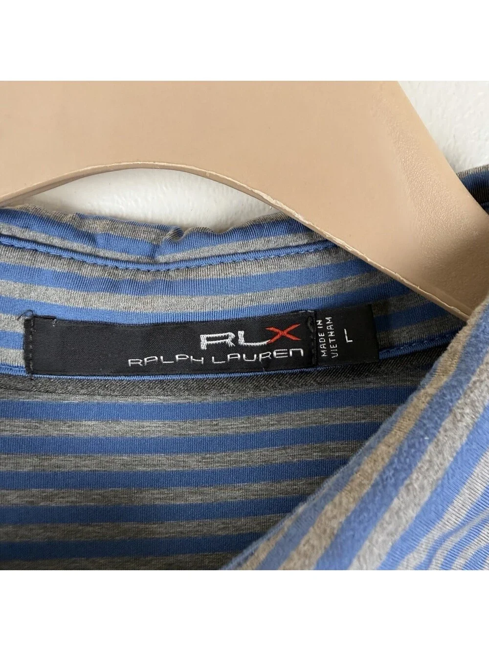 RLX Ralph Lauren Golf Polo Shirt Mens Large Blue Gray Striped Performance Knit L
